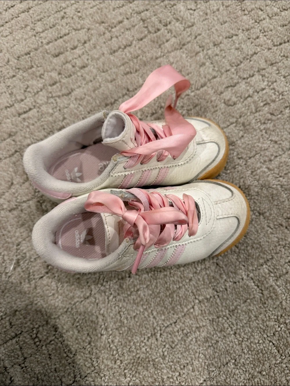 adidas Kids White Sneakers with Pink Accents and Satin Laces